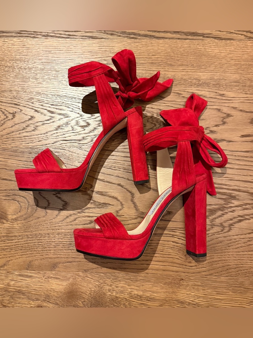 Jimmy Choo Red Suede Platform Sandals with Ankle Wrap